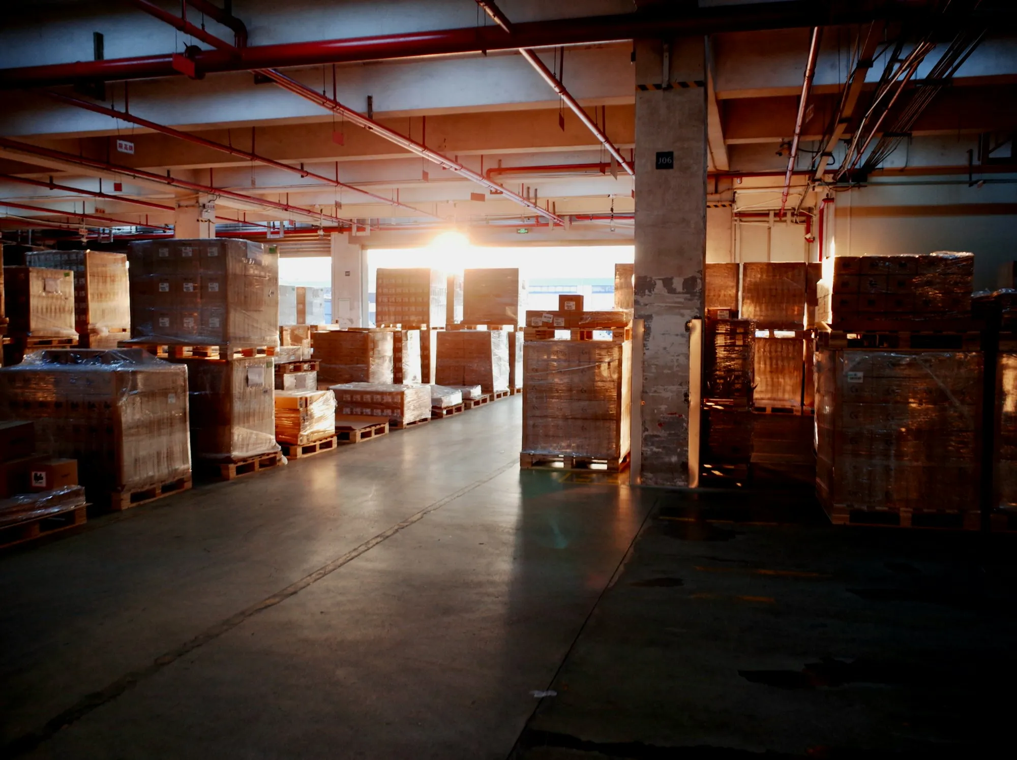 Pallets of stock in a distribution warehouse